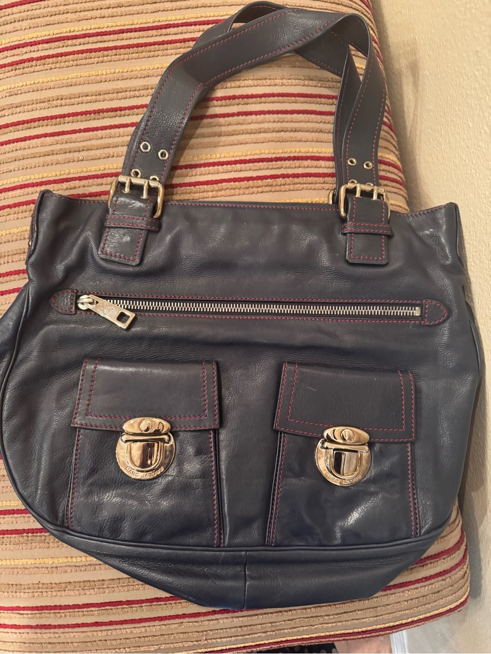 Marc Jacobs Navy Leather STELLA Shoulder Bag with Nickel Hardware